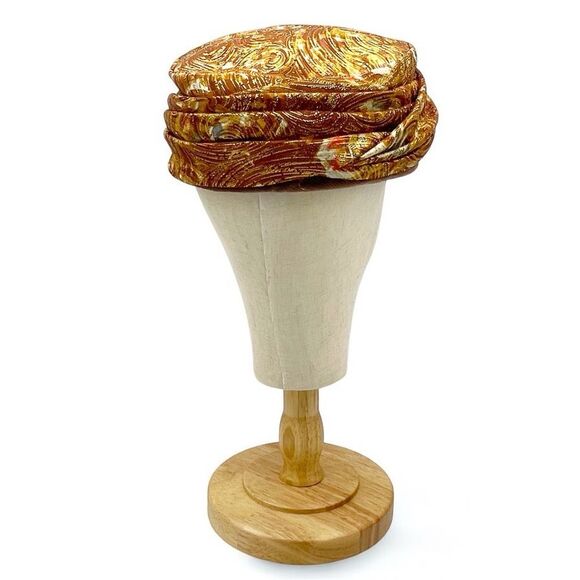 Vintage Valerie Modes Draped Turban Pillbox Hat – Metallic Gold & Bronze Brocade - Picture 6 of 16
